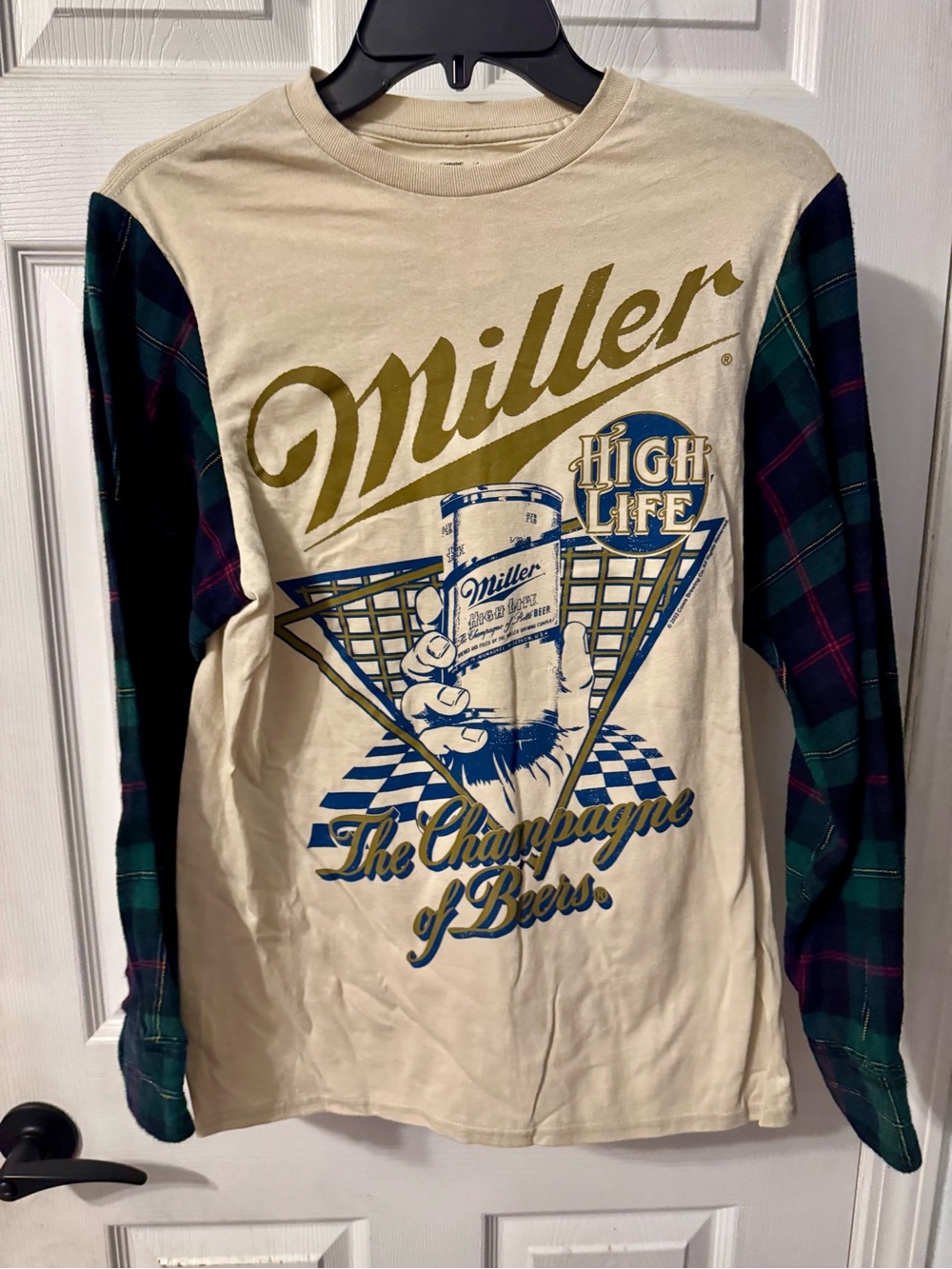 Upcycled Miller Long Sleeve Graphic Tee - Cream with Green Plaid flannel Sleeves